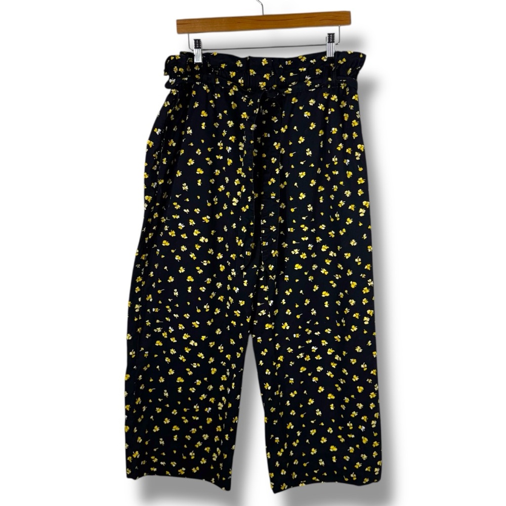 H&M Tie Paper Bag Waist Wide Leg Cropped Casual Pants, Midnight Floral, Size 12